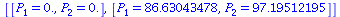 [[P[1] = 0., P[2] = 0.], [P[1] = 86.63043478, P[2] = 97.19512195]]