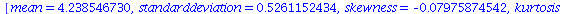 [mean = 4.238546730, standarddeviation = .5261152434, skewness = -0.7975874542e-1, kurtosis = 2.983301519, minimum = 2.068730545, maximum = 6.176205779, cumulativeweight = 5000.]