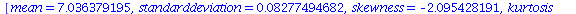 [mean = 7.036379195, standarddeviation = 0.8277494682e-1, skewness = -2.095428191, kurtosis = 13.00661230, minimum = 6.080449365, maximum = 7.239727556, cumulativeweight = 5000.]