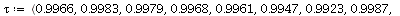 `:=`(f, `<,>`(0., 0.1e-2, 0.878e-1, .3487, .4761, .3377, .1833, 0.761e-1, 0.174e-1, 0.1e-2)); -1; `:=`(tau, `<,>`(.9966, .9983, .9979, .9968, .9961, .9947, .9923, .9987, .9831)); -1; leslie(f, tau); 1